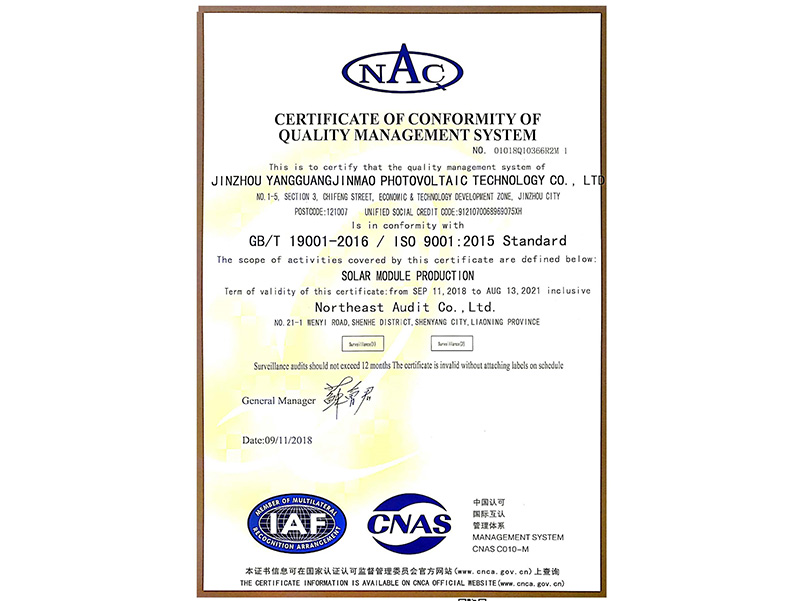 Certificate of Conformity of Quality Management System （English）