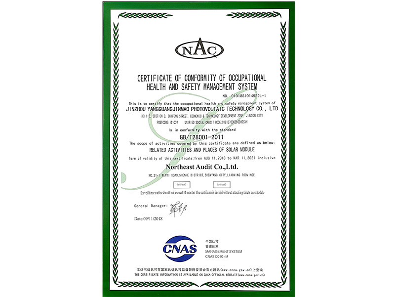 職業健全安全治理系统認証証明書（英語）